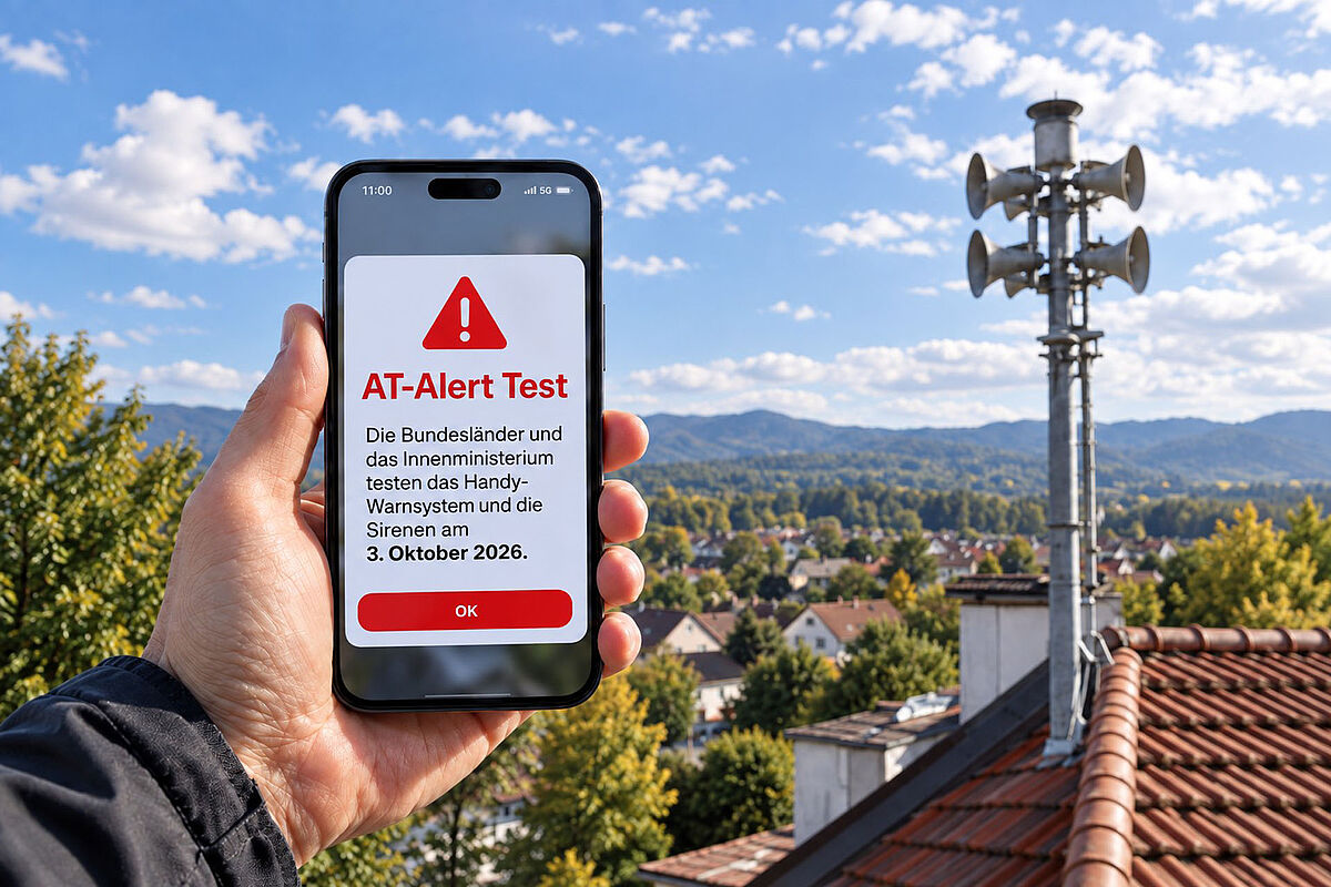 Person hält Handy mit Hinweis auf AT Alert. Im Hintergrund ist eine Sirene zu sehen. (Foto KI-generiert)