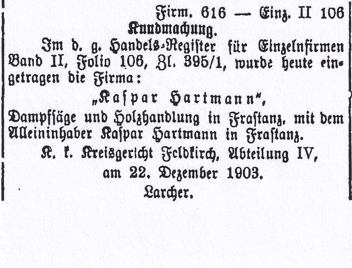 Eintragung der Firma Hartmann im Handelsregister: Abdruck der Kundmachung in der Vorarlberger Landeszeitung vom 30.12.1903.